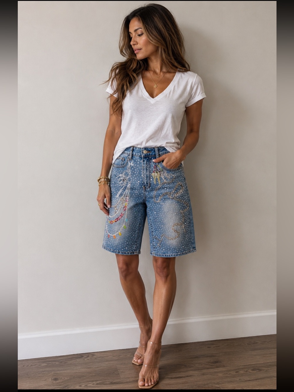 Light Blue Denim Embellished Bermuda Shorts with Multi-Color Accents